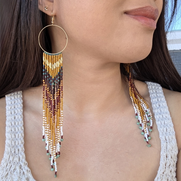 Hand Crafted Jewelry - Geo Long XL Boho Beaded Earrings Handmade Western Jewelry Tribal Boheme